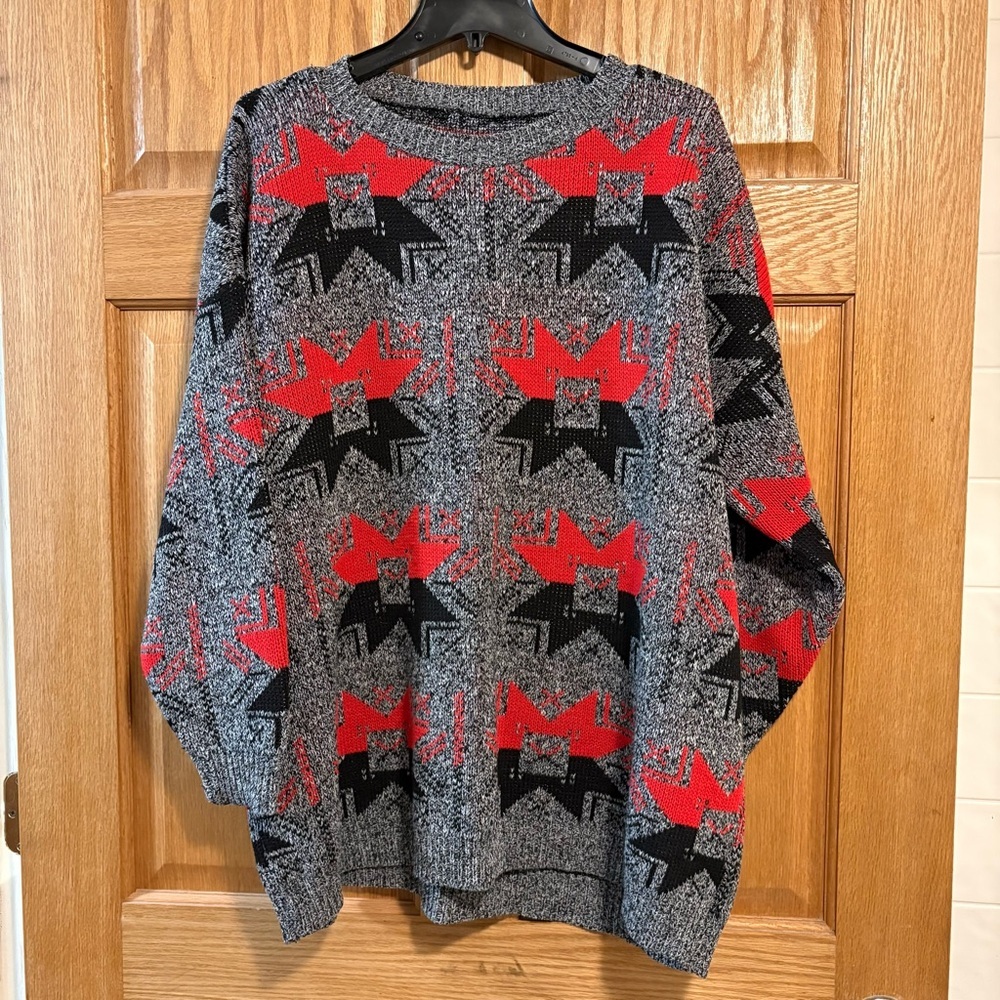 Vintage 90’s “ADAM SLOANE Style” Men’s Sweater Sz 2XL Red Black Geometric 54” Ch